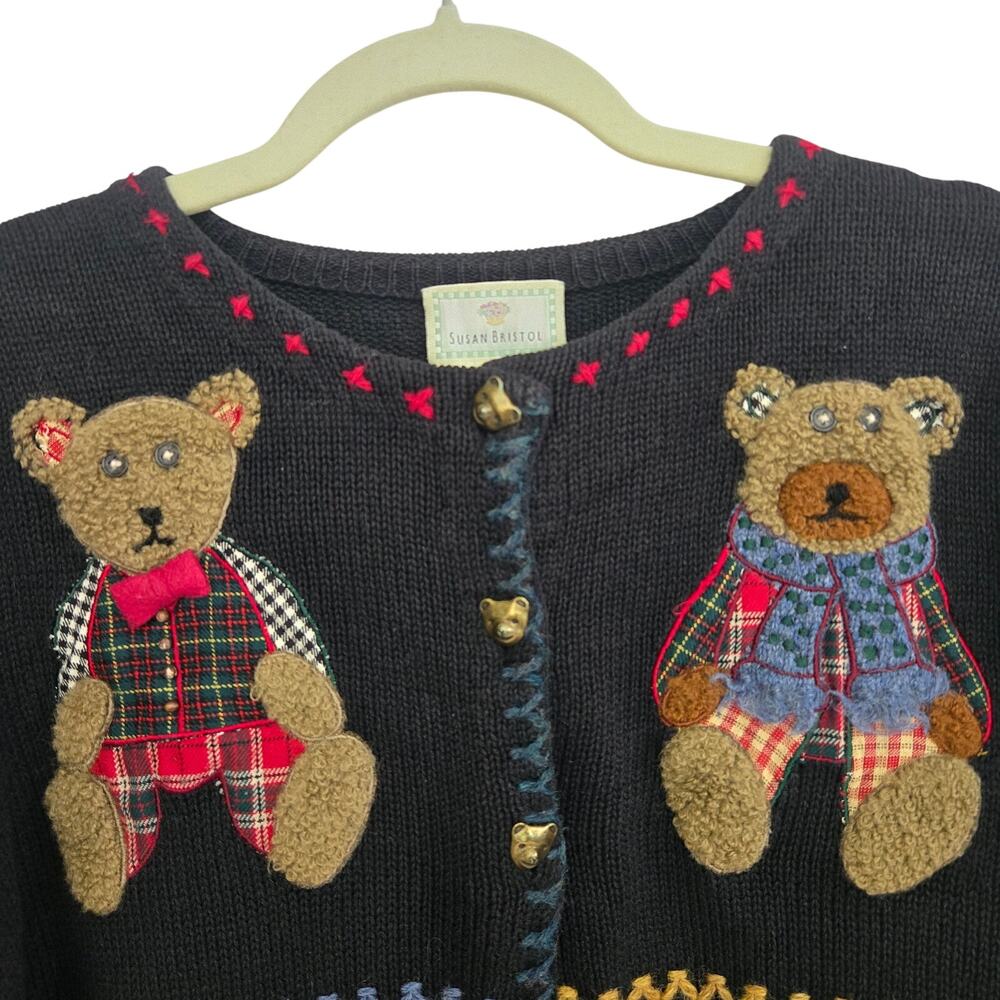 Vintage Y2K Susan Bristol Teddy Bear Sweater Hand Embroidered Womens Large Pet
